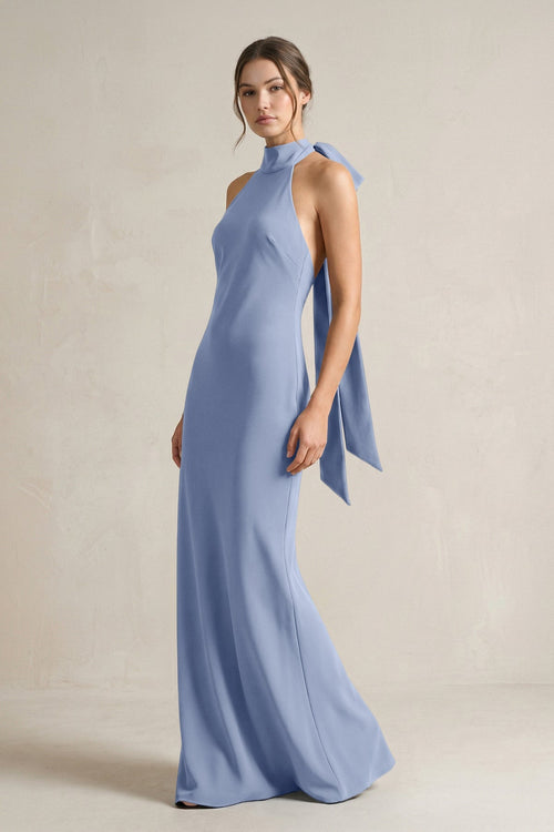 Halter Sheath Satin Bridesmaid Dress With Bow in Mist - KISS BRIDAL Bridesmaid Dresses