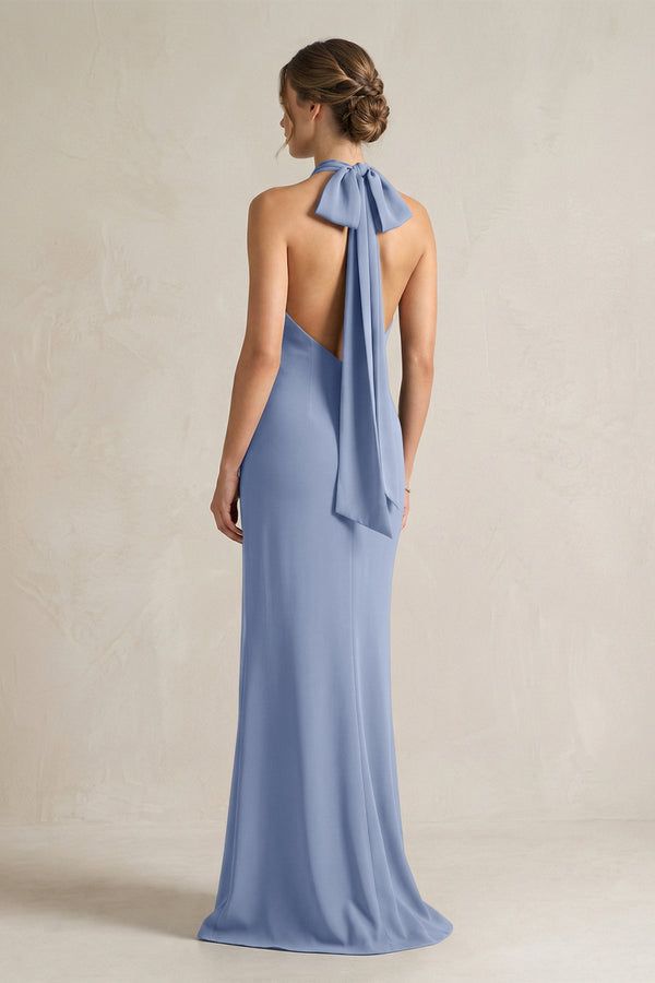 Halter Sheath Satin Bridesmaid Dress With Bow in Mist - KISS BRIDAL Bridesmaid Dresses