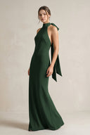 Halter Sheath Satin Bridesmaid Dress With Bow in Moss - KISS BRIDAL Bridesmaid Dresses
