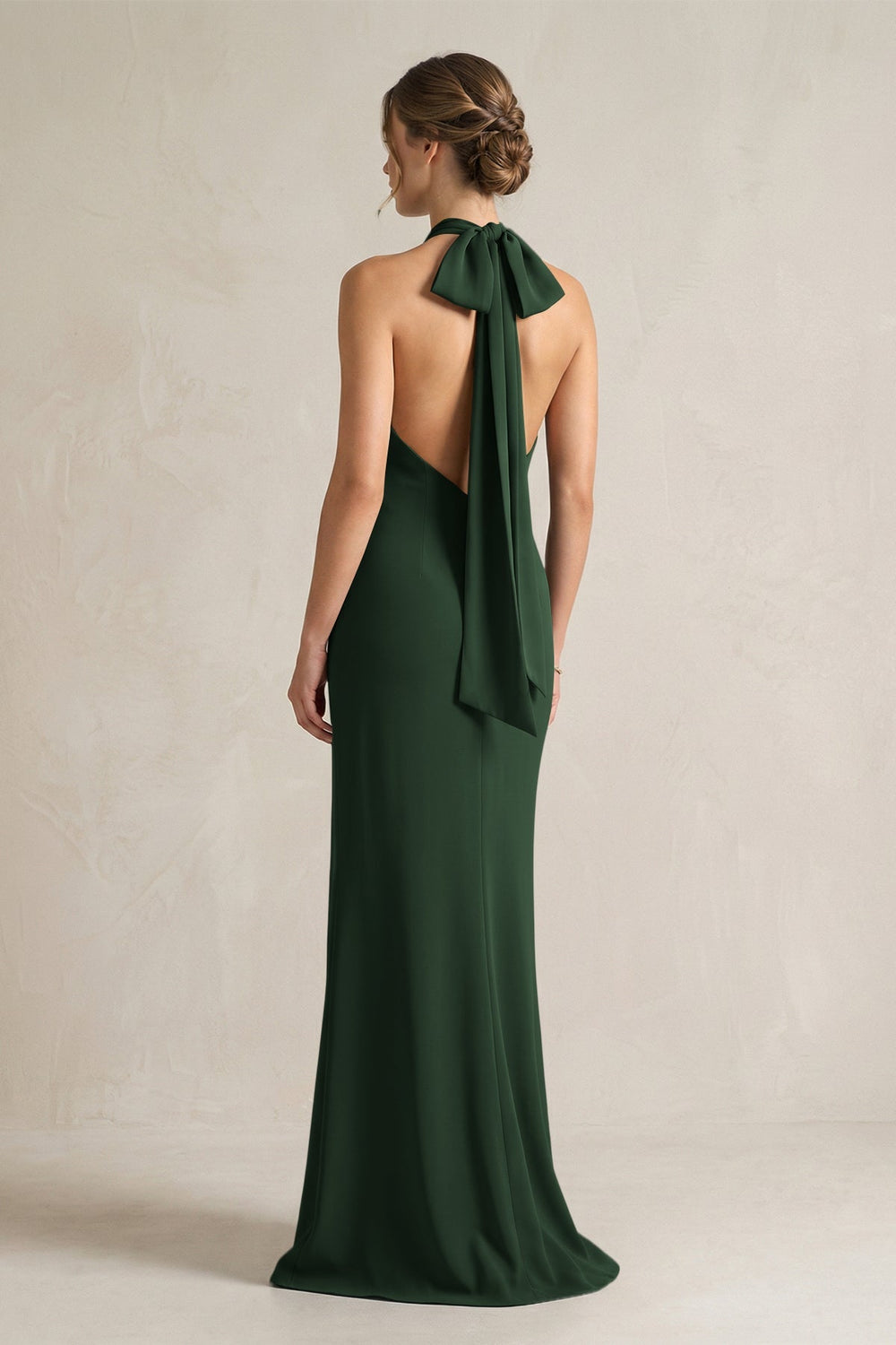Halter Sheath Satin Bridesmaid Dress With Bow in Moss - KISS BRIDAL Bridesmaid Dresses