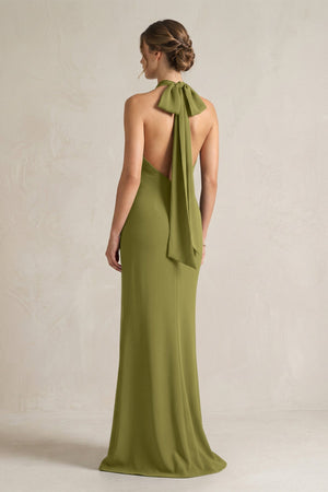 Halter Sheath Satin Bridesmaid Dress With Bow in Moss Green - KISS BRIDAL Bridesmaid Dresses