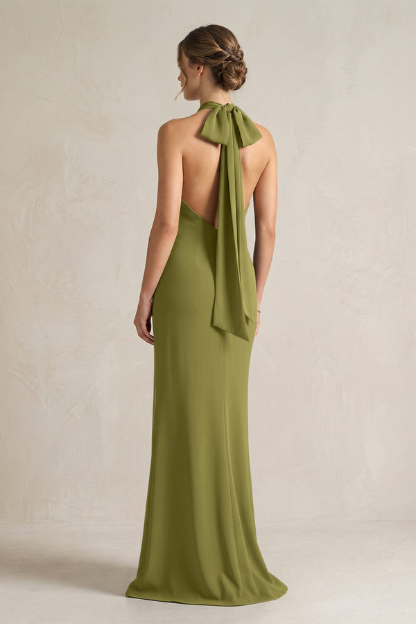Halter Sheath Satin Bridesmaid Dress With Bow in Moss Green - KISS BRIDAL Bridesmaid Dresses