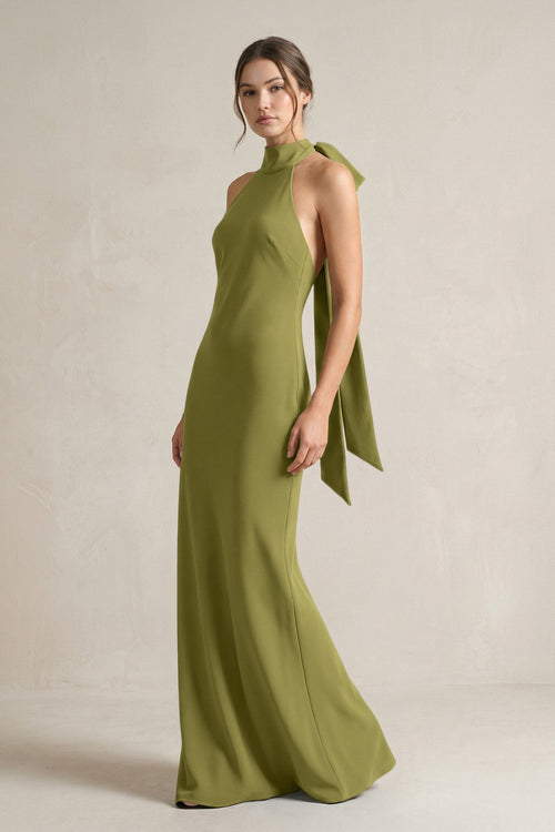 Halter Sheath Satin Bridesmaid Dress With Bow in Moss Green - KISS BRIDAL Bridesmaid Dresses