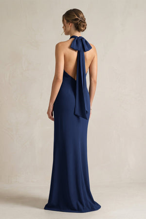 Halter Sheath Satin Bridesmaid Dress With Bow in Navy - KISS BRIDAL Bridesmaid Dresses