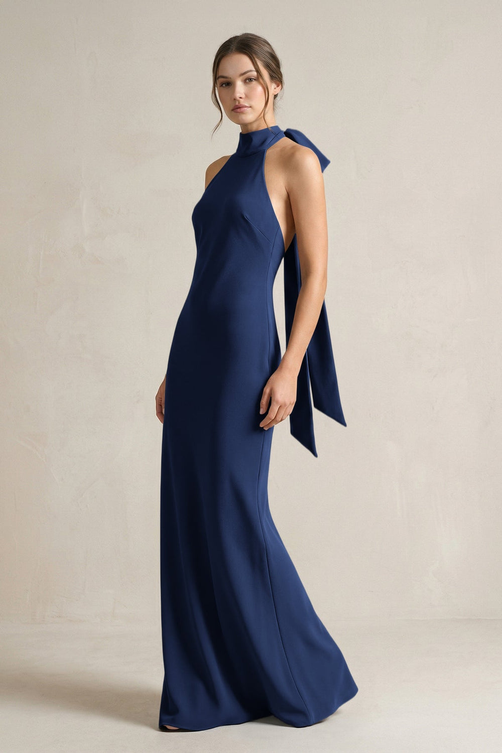 Halter Sheath Satin Bridesmaid Dress With Bow in Navy - KISS BRIDAL Bridesmaid Dresses