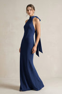 Halter Sheath Satin Bridesmaid Dress With Bow in Navy - KISS BRIDAL Bridesmaid Dresses