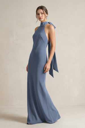 Halter Sheath Satin Bridesmaid Dress With Bow in Neptune - KISS BRIDAL Bridesmaid Dresses