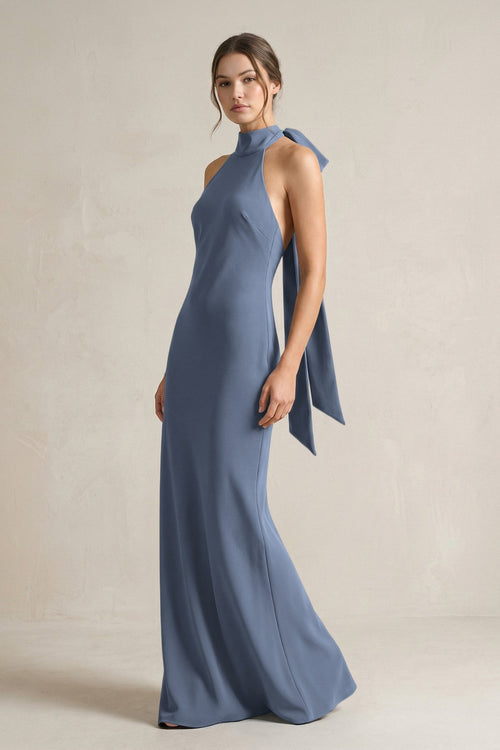 Halter Sheath Satin Bridesmaid Dress With Bow in Neptune - KISS BRIDAL Bridesmaid Dresses
