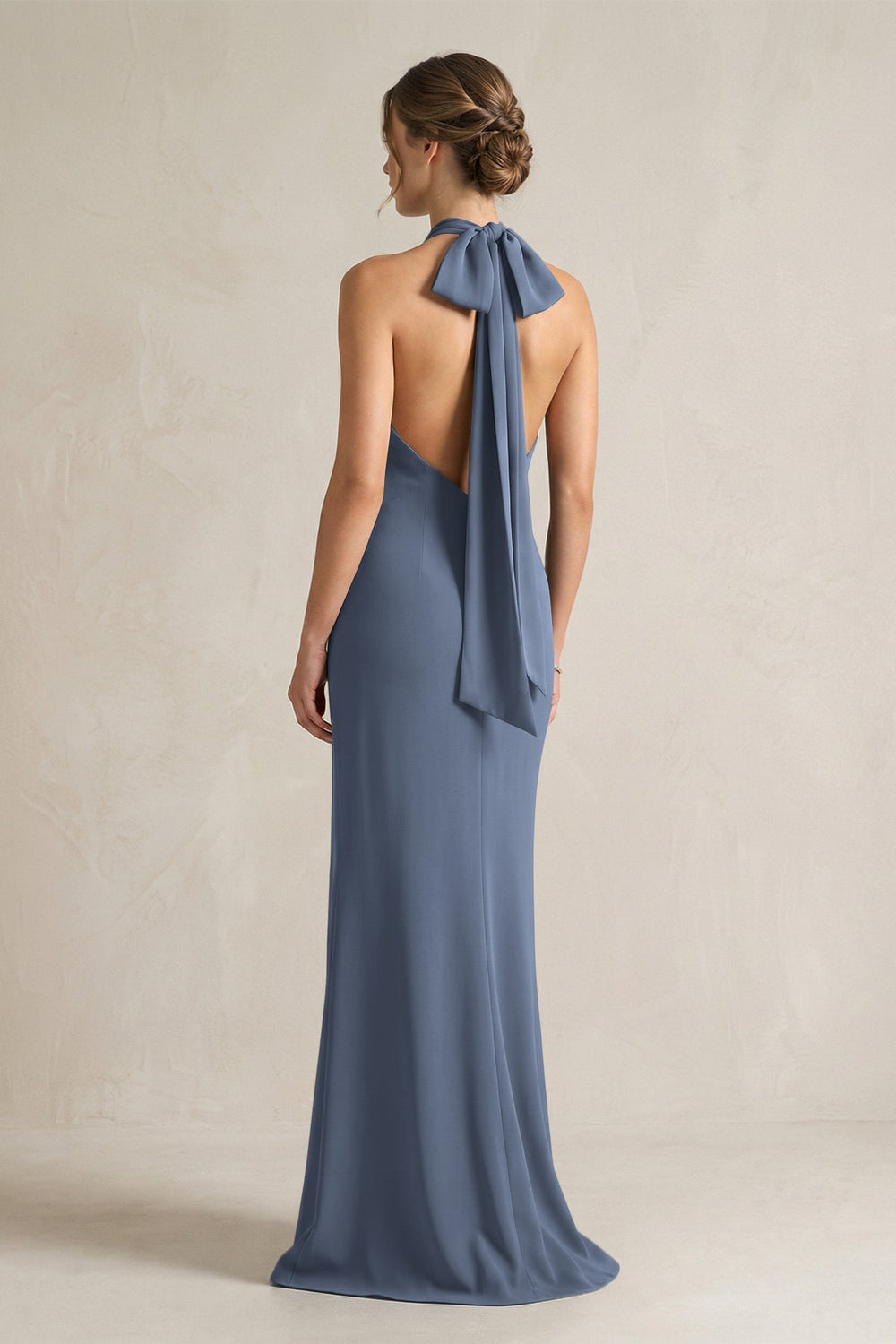 Halter Sheath Satin Bridesmaid Dress With Bow in Neptune - KISS BRIDAL Bridesmaid Dresses