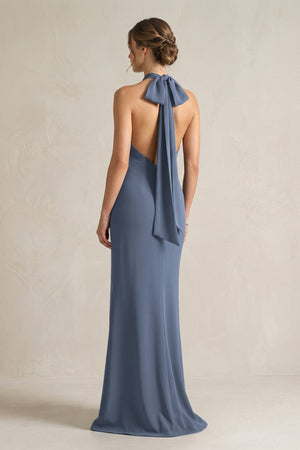 Halter Sheath Satin Bridesmaid Dress With Bow in Neptune - KISS BRIDAL Bridesmaid Dresses
