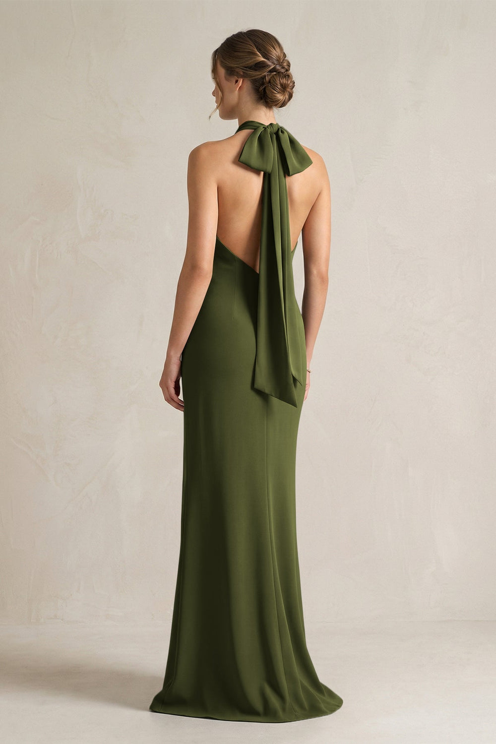 Halter Sheath Satin Bridesmaid Dress With Bow in Olive - KISS BRIDAL Bridesmaid Dresses