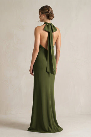 Halter Sheath Satin Bridesmaid Dress With Bow in Olive - KISS BRIDAL Bridesmaid Dresses