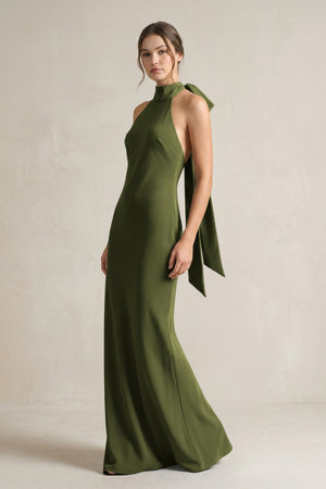 Halter Sheath Satin Bridesmaid Dress With Bow in Olive - KISS BRIDAL Bridesmaid Dresses
