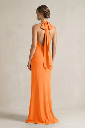 Halter Sheath Satin Bridesmaid Dress With Bow in Orange - KISS BRIDAL Bridesmaid Dresses