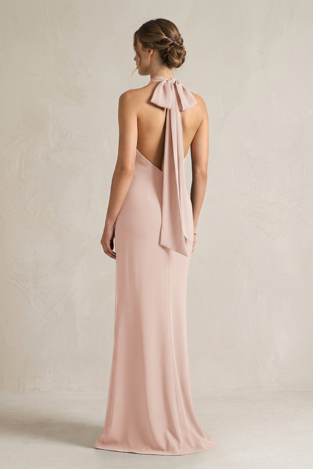 Halter Sheath Satin Bridesmaid Dress With Bow in Pale Blush - KISS BRIDAL Bridesmaid Dresses