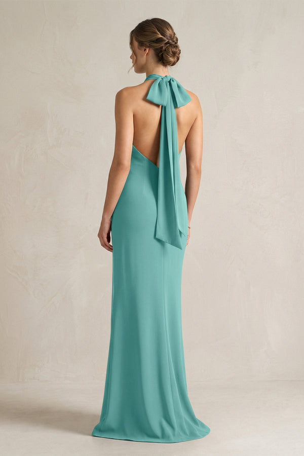 Halter Sheath Satin Bridesmaid Dress With Bow in Pale Pistachio - KISS BRIDAL Bridesmaid Dresses