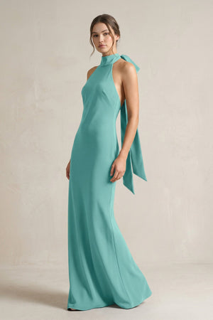 Halter Sheath Satin Bridesmaid Dress With Bow in Pale Pistachio - KISS BRIDAL Bridesmaid Dresses