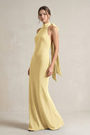 Halter Sheath Satin Bridesmaid Dress With Bow in Pastel Yellow - KISS BRIDAL Bridesmaid Dresses