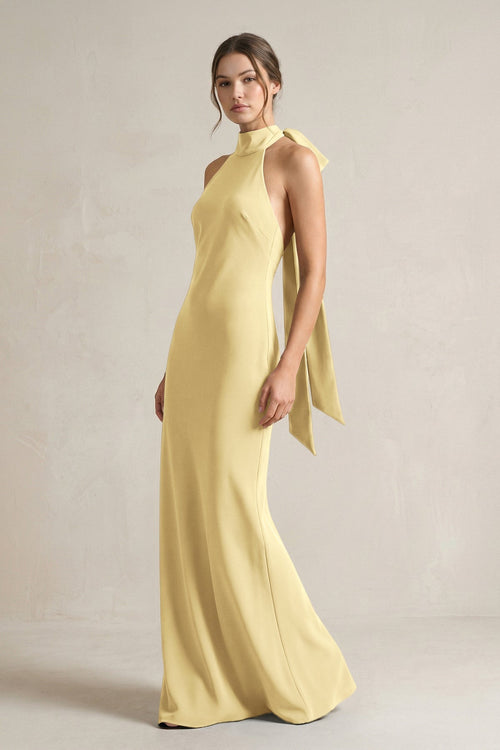 Halter Sheath Satin Bridesmaid Dress With Bow in Pastel Yellow - KISS BRIDAL Bridesmaid Dresses