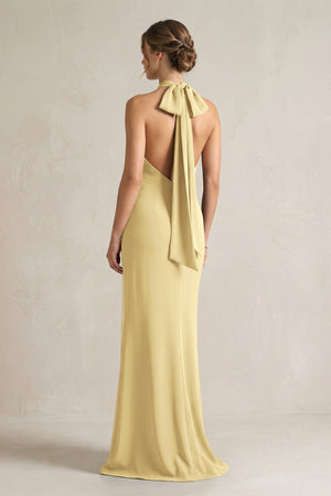 Halter Sheath Satin Bridesmaid Dress With Bow in Pastel Yellow - KISS BRIDAL Bridesmaid Dresses