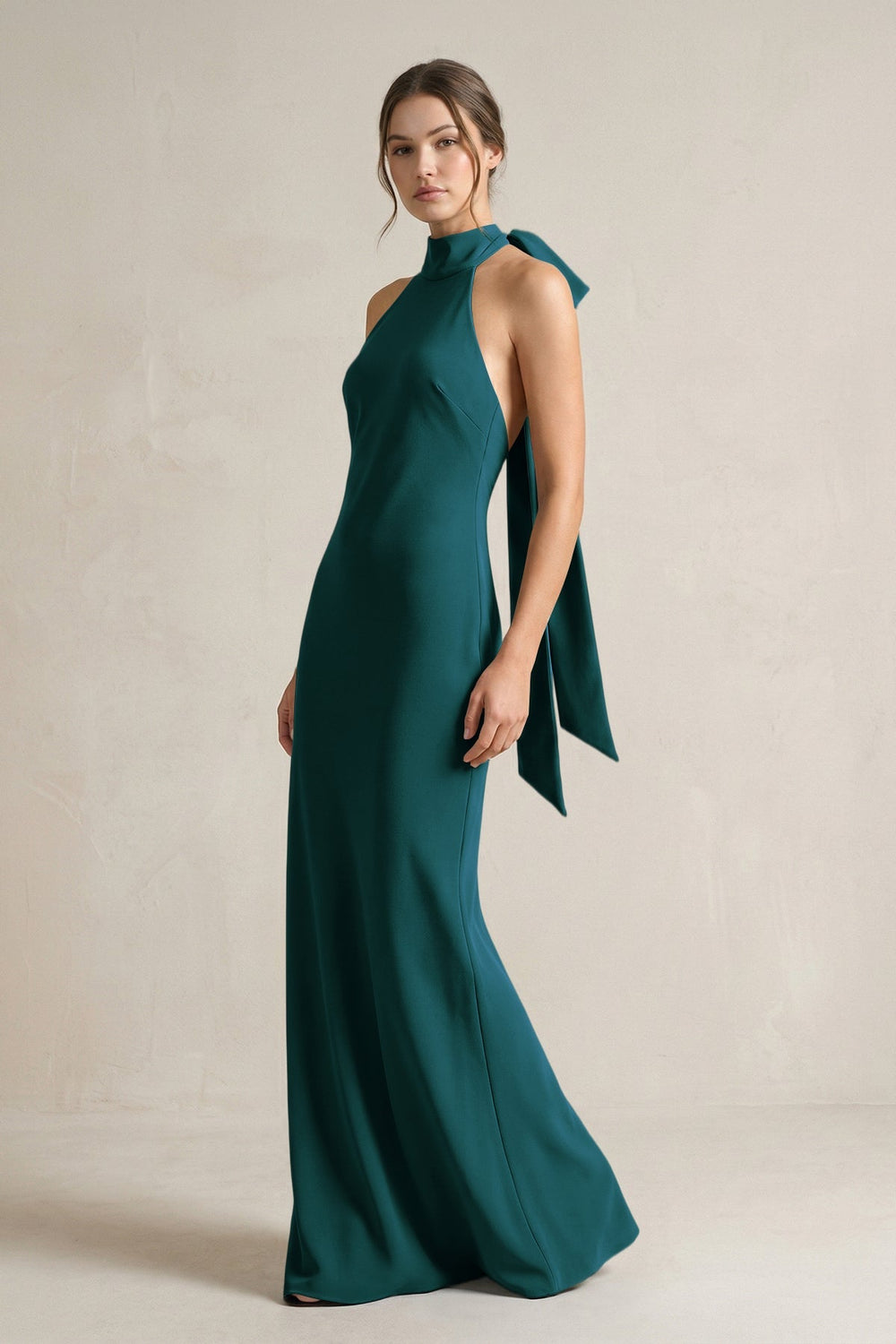 Halter Sheath Satin Bridesmaid Dress With Bow in Pine - KISS BRIDAL Bridesmaid Dresses