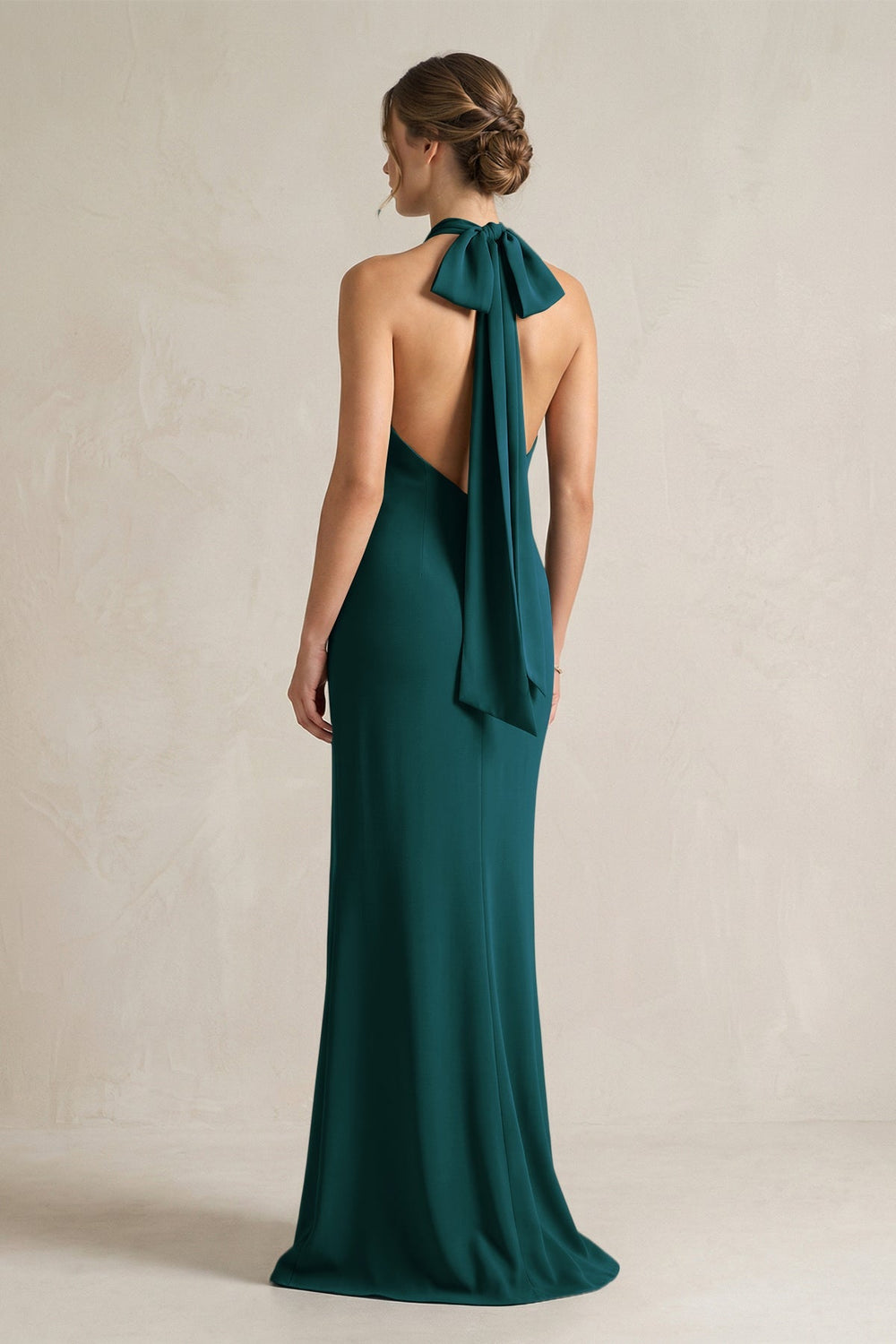 Halter Sheath Satin Bridesmaid Dress With Bow in Pine - KISS BRIDAL Bridesmaid Dresses