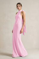 Halter Sheath Satin Bridesmaid Dress With Bow in Pink - KISS BRIDAL Bridesmaid Dresses