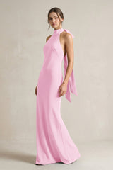 Halter Sheath Satin Bridesmaid Dress With Bow in Pink - KISS BRIDAL Bridesmaid Dresses