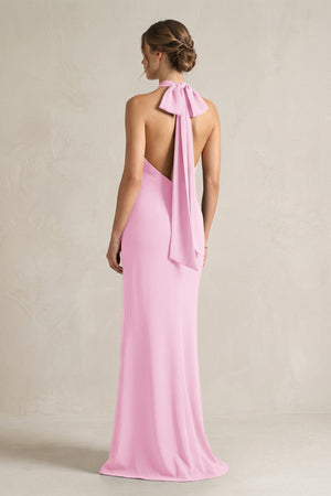 Halter Sheath Satin Bridesmaid Dress With Bow in Pink - KISS BRIDAL Bridesmaid Dresses