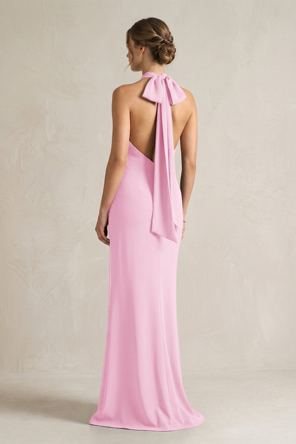 Halter Sheath Satin Bridesmaid Dress With Bow in Pink - KISS BRIDAL Bridesmaid Dresses