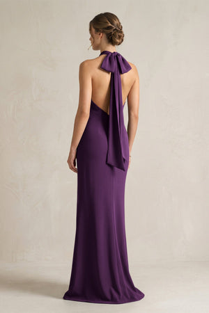 Halter Sheath Satin Bridesmaid Dress With Bow in Plum - KISS BRIDAL Bridesmaid Dresses