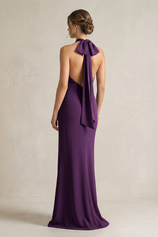 Halter Sheath Satin Bridesmaid Dress With Bow in Plum - KISS BRIDAL Bridesmaid Dresses