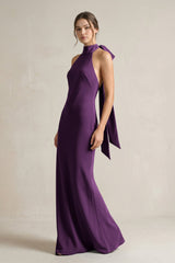 Halter Sheath Satin Bridesmaid Dress With Bow in Plum - KISS BRIDAL Bridesmaid Dresses