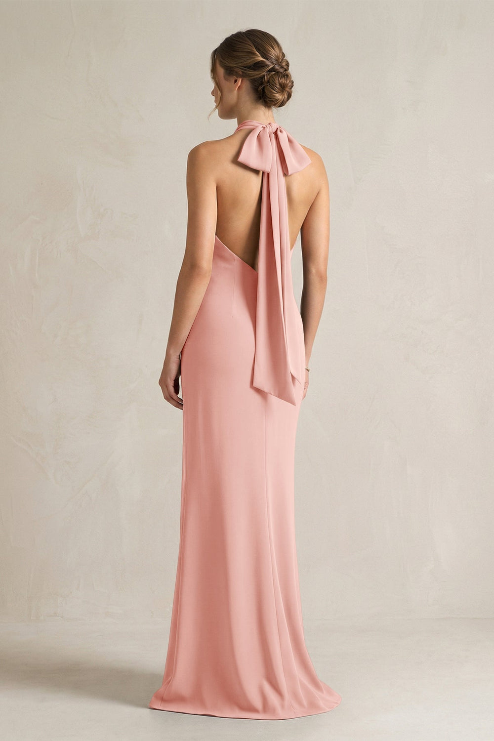 Halter Sheath Satin Bridesmaid Dress With Bow in Rose Petal - KISS BRIDAL Bridesmaid Dresses