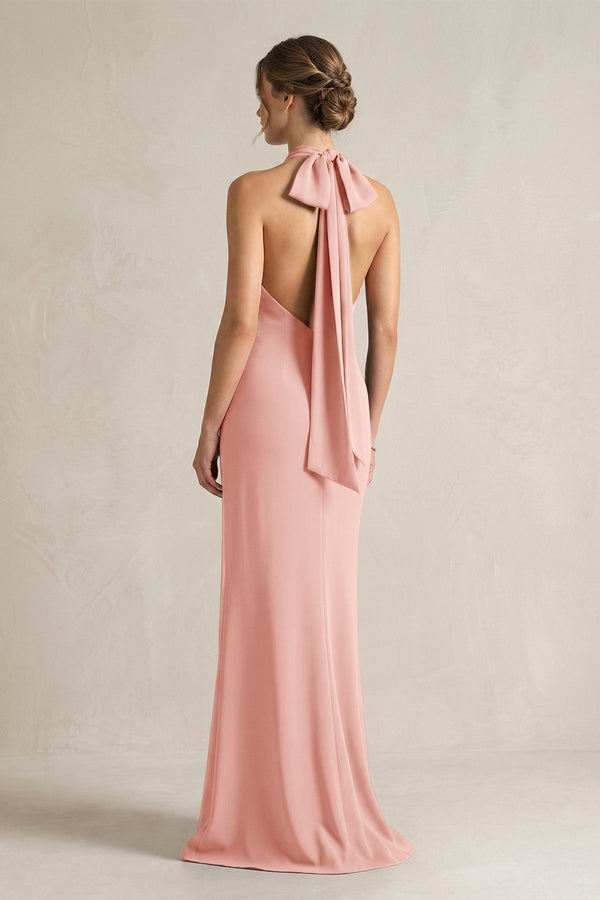 Halter Sheath Satin Bridesmaid Dress With Bow in Rose Petal - KISS BRIDAL Bridesmaid Dresses
