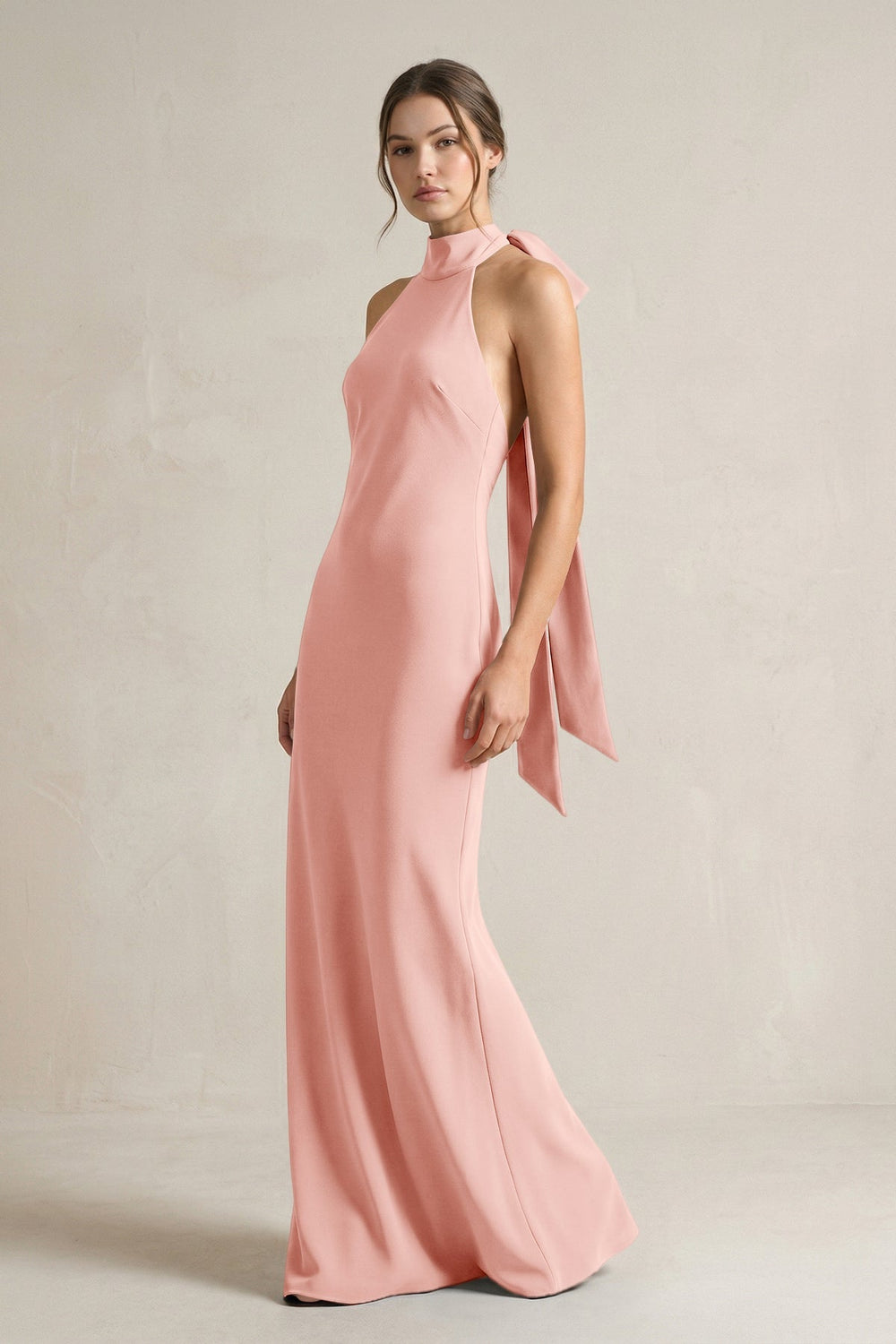Halter Sheath Satin Bridesmaid Dress With Bow in Rose Petal - KISS BRIDAL Bridesmaid Dresses
