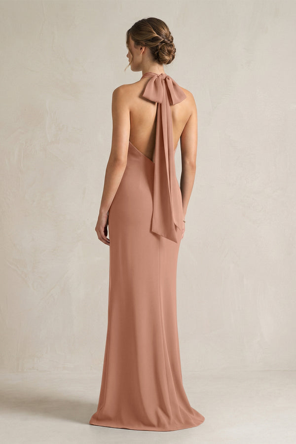 Halter Sheath Satin Bridesmaid Dress With Bow in Rosette - KISS BRIDAL Bridesmaid Dresses