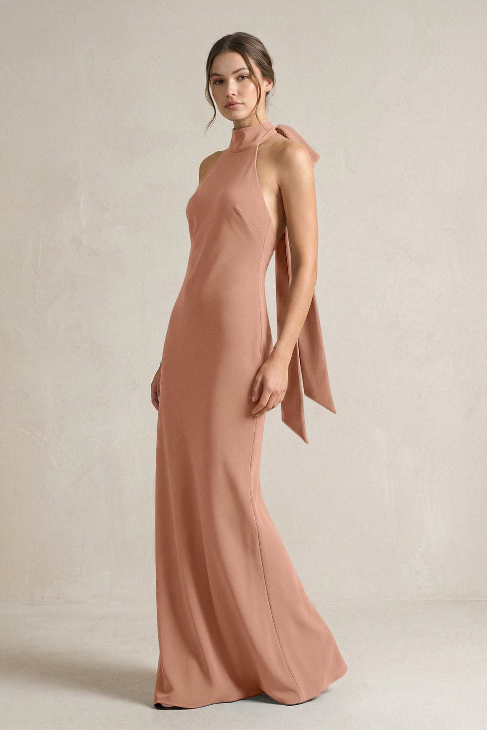 Halter Sheath Satin Bridesmaid Dress With Bow in Rosette - KISS BRIDAL Bridesmaid Dresses