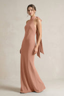 Halter Sheath Satin Bridesmaid Dress With Bow in Rosette - KISS BRIDAL Bridesmaid Dresses