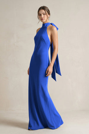 Halter Sheath Satin Bridesmaid Dress With Bow in Royal Blue - KISS BRIDAL Bridesmaid Dresses