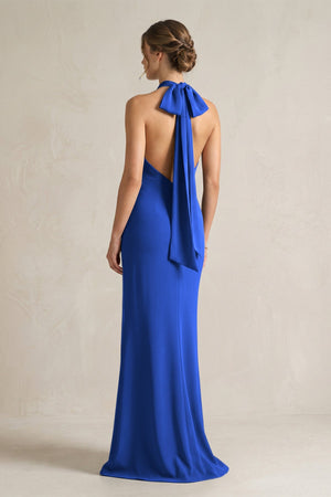 Halter Sheath Satin Bridesmaid Dress With Bow in Royal Blue - KISS BRIDAL Bridesmaid Dresses
