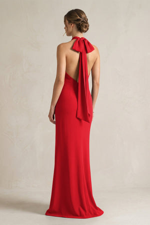 Halter Sheath Satin Bridesmaid Dress With Bow in Ruby Red - KISS BRIDAL Bridesmaid Dresses