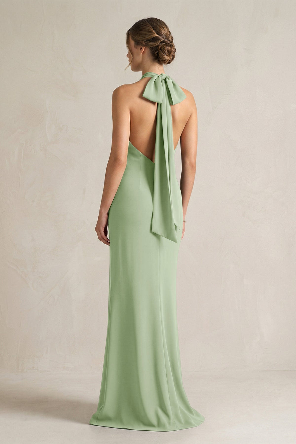 Halter Sheath Satin Bridesmaid Dress With Bow in Sage - KISS BRIDAL Bridesmaid Dresses