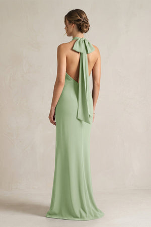Halter Sheath Satin Bridesmaid Dress With Bow in Sage - KISS BRIDAL Bridesmaid Dresses