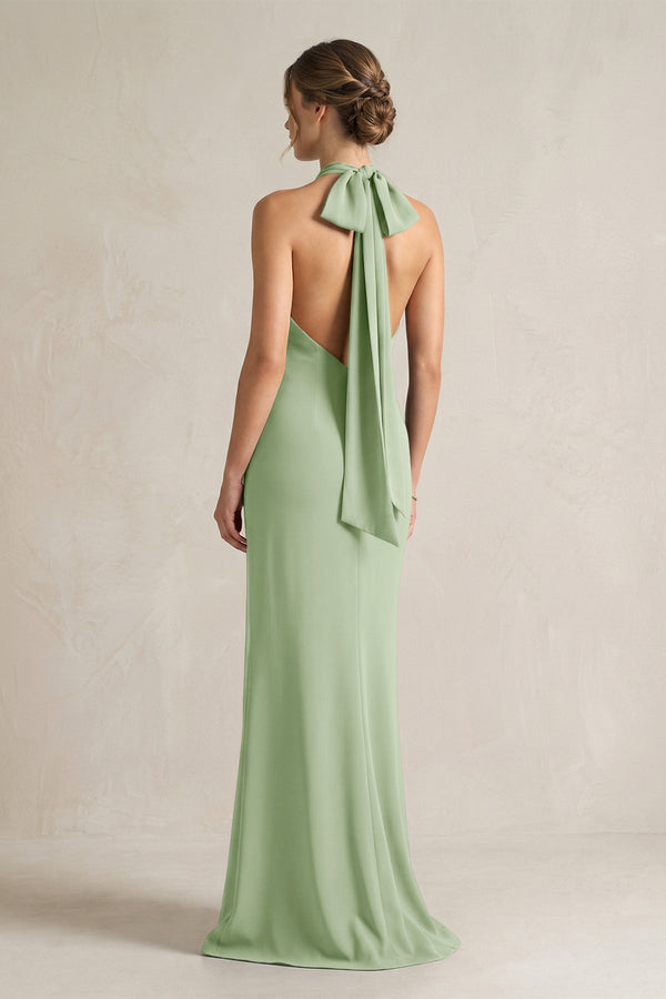 Halter Sheath Satin Bridesmaid Dress With Bow in Sage - KISS BRIDAL Bridesmaid Dresses