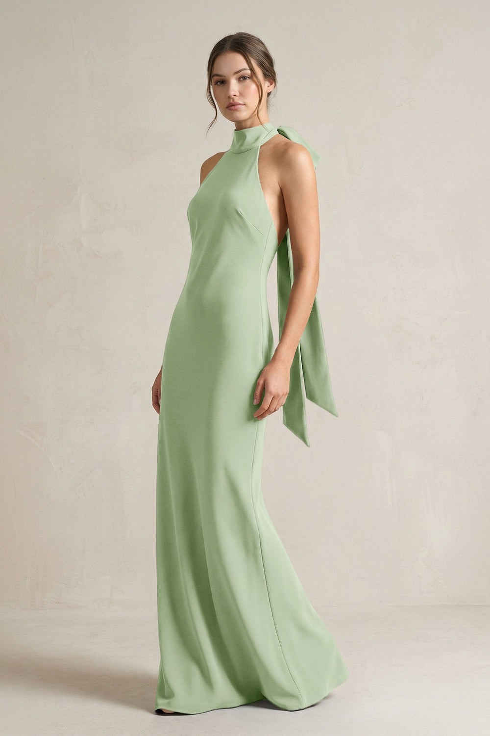 Halter Sheath Satin Bridesmaid Dress With Bow in Sage - KISS BRIDAL Bridesmaid Dresses