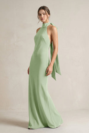 Halter Sheath Satin Bridesmaid Dress With Bow in Sage - KISS BRIDAL Bridesmaid Dresses