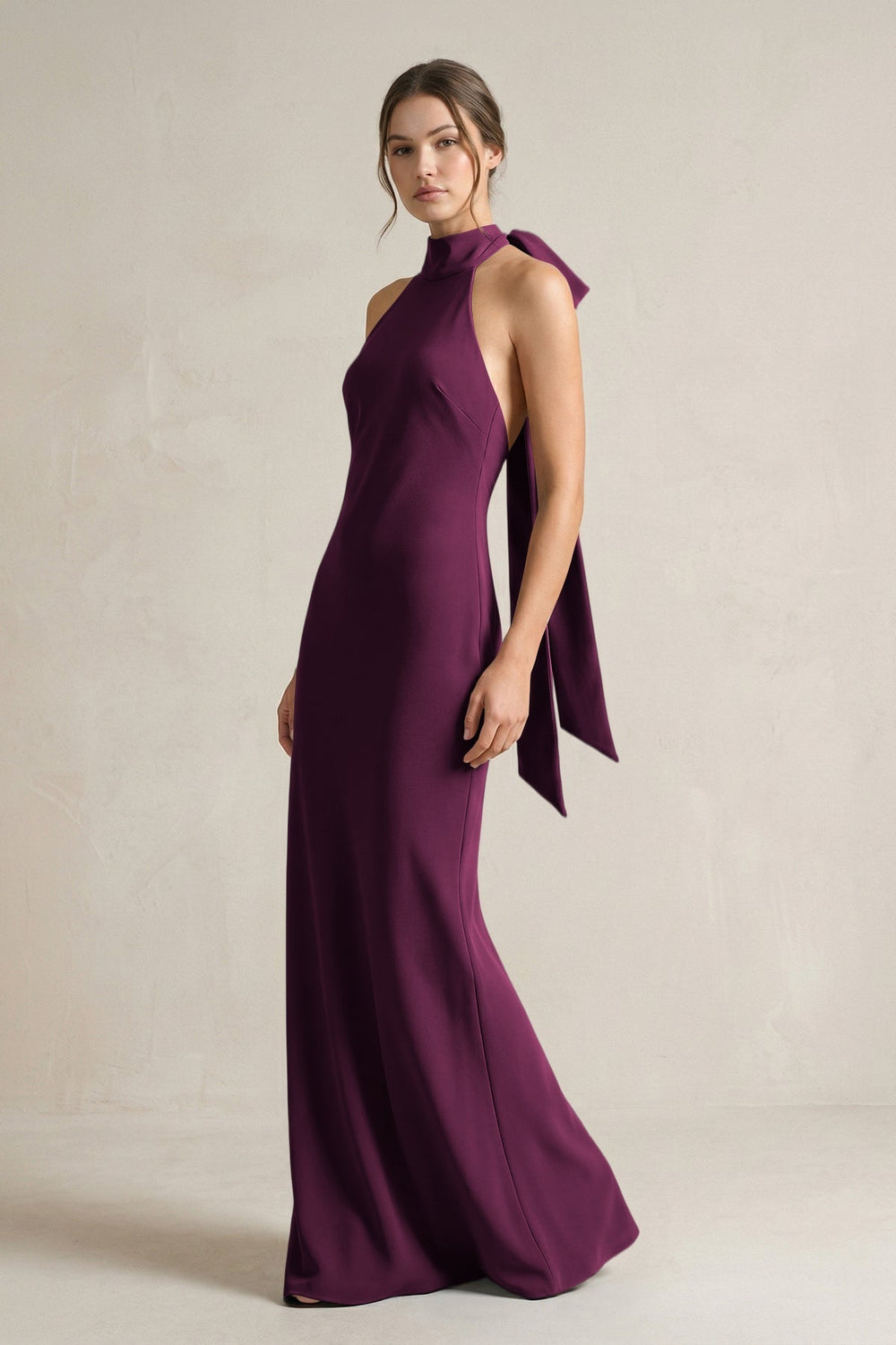 Halter Sheath Satin Bridesmaid Dress With Bow in Sangria - KISS BRIDAL Bridesmaid Dresses