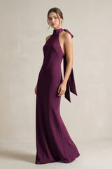 Halter Sheath Satin Bridesmaid Dress With Bow in Sangria - KISS BRIDAL Bridesmaid Dresses