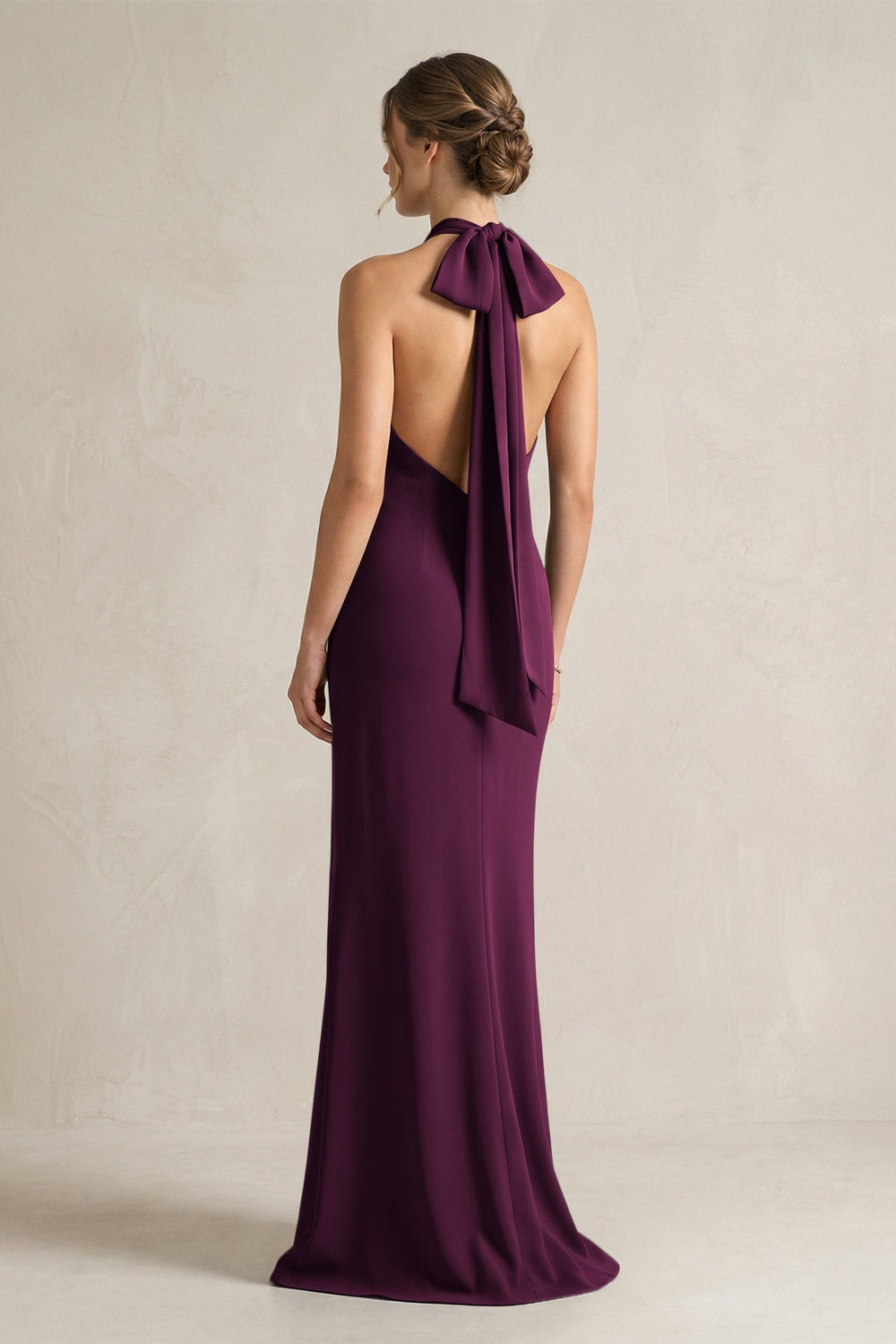 Halter Sheath Satin Bridesmaid Dress With Bow in Sangria - KISS BRIDAL Bridesmaid Dresses